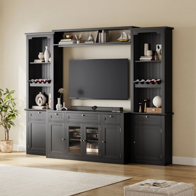 English Elm U-Can Modular Wall Entertainment Center with Wine Racks Glass Doors and Five Drawers SJ000170AAB