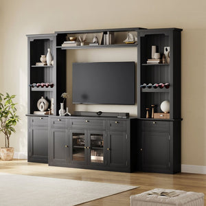 English Elm U-Can Modular Wall Entertainment Center with Wine Racks Glass Doors and Five Drawers SJ000170AAB