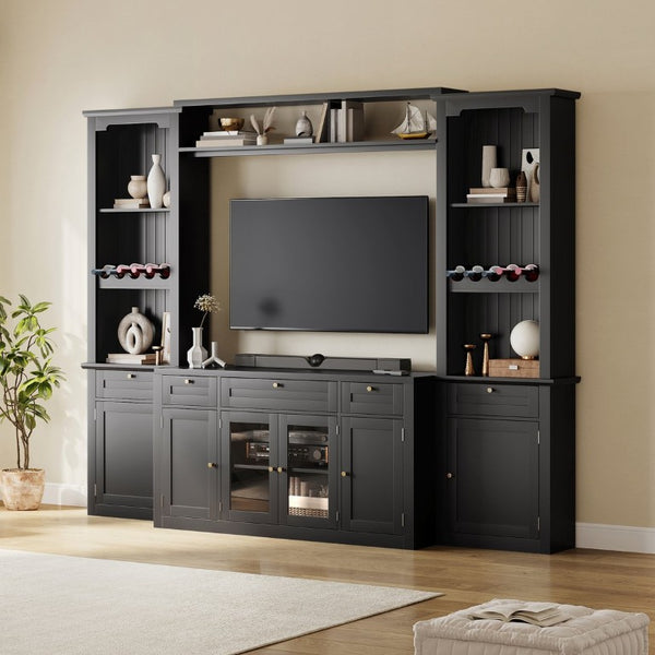 English Elm U-Can Modular Wall Entertainment Center with Wine Racks Glass Doors and Five Drawers SJ000170AAB