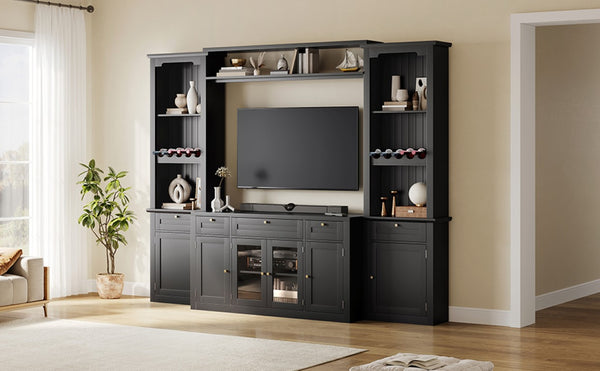 English Elm U-Can Modular Wall Entertainment Center with Wine Racks Glass Doors and Five Drawers SJ000170AAB