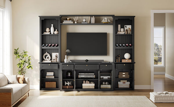 English Elm U-Can Modular Wall Entertainment Center with Wine Racks Glass Doors and Five Drawers SJ000170AAB