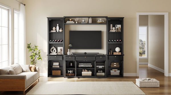 English Elm U-Can Modular Wall Entertainment Center with Wine Racks Glass Doors and Five Drawers SJ000170AAB