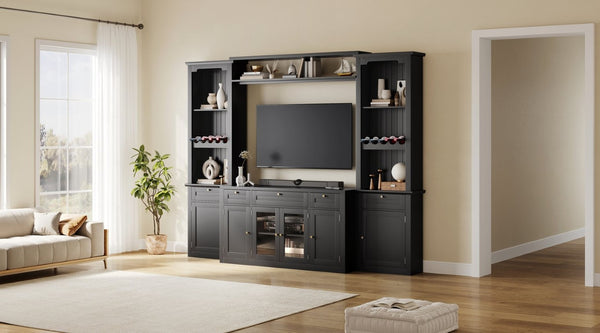 English Elm U-Can Modular Wall Entertainment Center with Wine Racks Glass Doors and Five Drawers SJ000170AAB