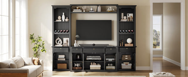 English Elm U-Can Modular Wall Entertainment Center with Wine Racks Glass Doors and Five Drawers SJ000170AAB