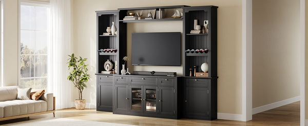 English Elm U-Can Modular Wall Entertainment Center with Wine Racks Glass Doors and Five Drawers SJ000170AAB