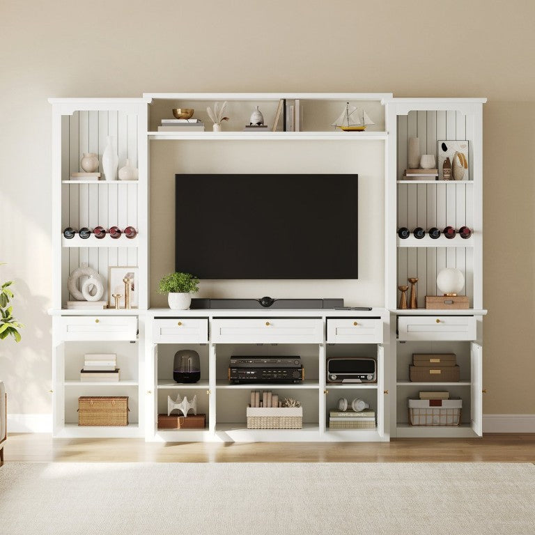English Elm U-Can Modular Wall Entertainment Center with Wine Rack Glass Cabinets and Drawers SJ000170AAK