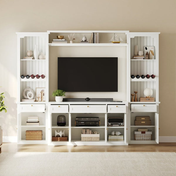 English Elm U-Can Modular Wall Entertainment Center with Wine Rack Glass Cabinets and Drawers SJ000170AAK