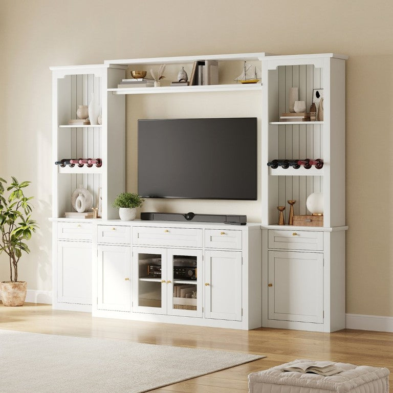 English Elm U-Can Modular Wall Entertainment Center with Wine Rack Glass Cabinets and Drawers SJ000170AAK