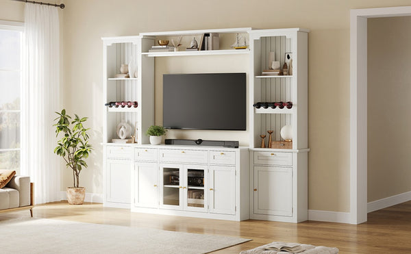 English Elm U-Can Modular Wall Entertainment Center with Wine Rack Glass Cabinets and Drawers SJ000170AAK