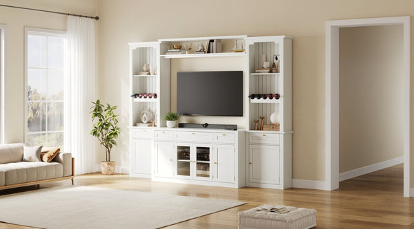 English Elm U-Can Modular Wall Entertainment Center with Wine Rack Glass Cabinets and Drawers SJ000170AAK