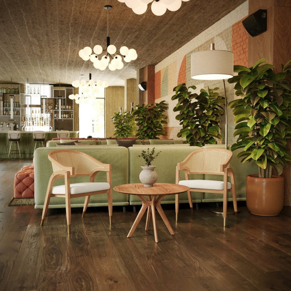 English Elm Naomi Commercial Cane Rattan Dining Chair with Solid Wood Frame and Luxe Gold-Tipped Legs for Style Natural SK-220901-NAT-GG