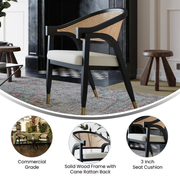 English Elm Naomi Commercial Cane Rattan Dining Chair with Solid Wood Frame and Luxe Gold-Tipped Legs for Style Black SK-220901-NATBLK-GG