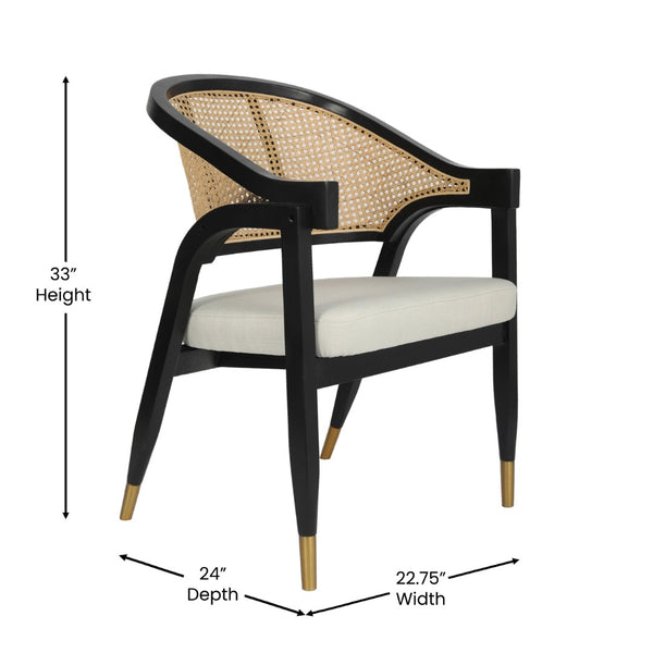 English Elm Naomi Commercial Cane Rattan Dining Chair with Solid Wood Frame and Luxe Gold-Tipped Legs for Style Black SK-220901-NATBLK-GG