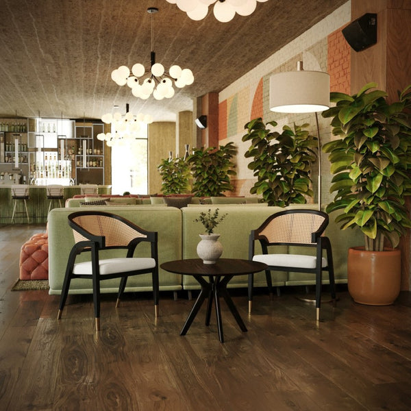 English Elm Naomi Commercial Cane Rattan Dining Chair with Solid Wood Frame and Luxe Gold-Tipped Legs for Style Black SK-220901-NATBLK-GG