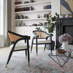 English Elm Naomi Commercial Cane Rattan Dining Chair with Solid Wood Frame and Luxe Gold-Tipped Legs for Style Black SK-220901-NATBLK-GG