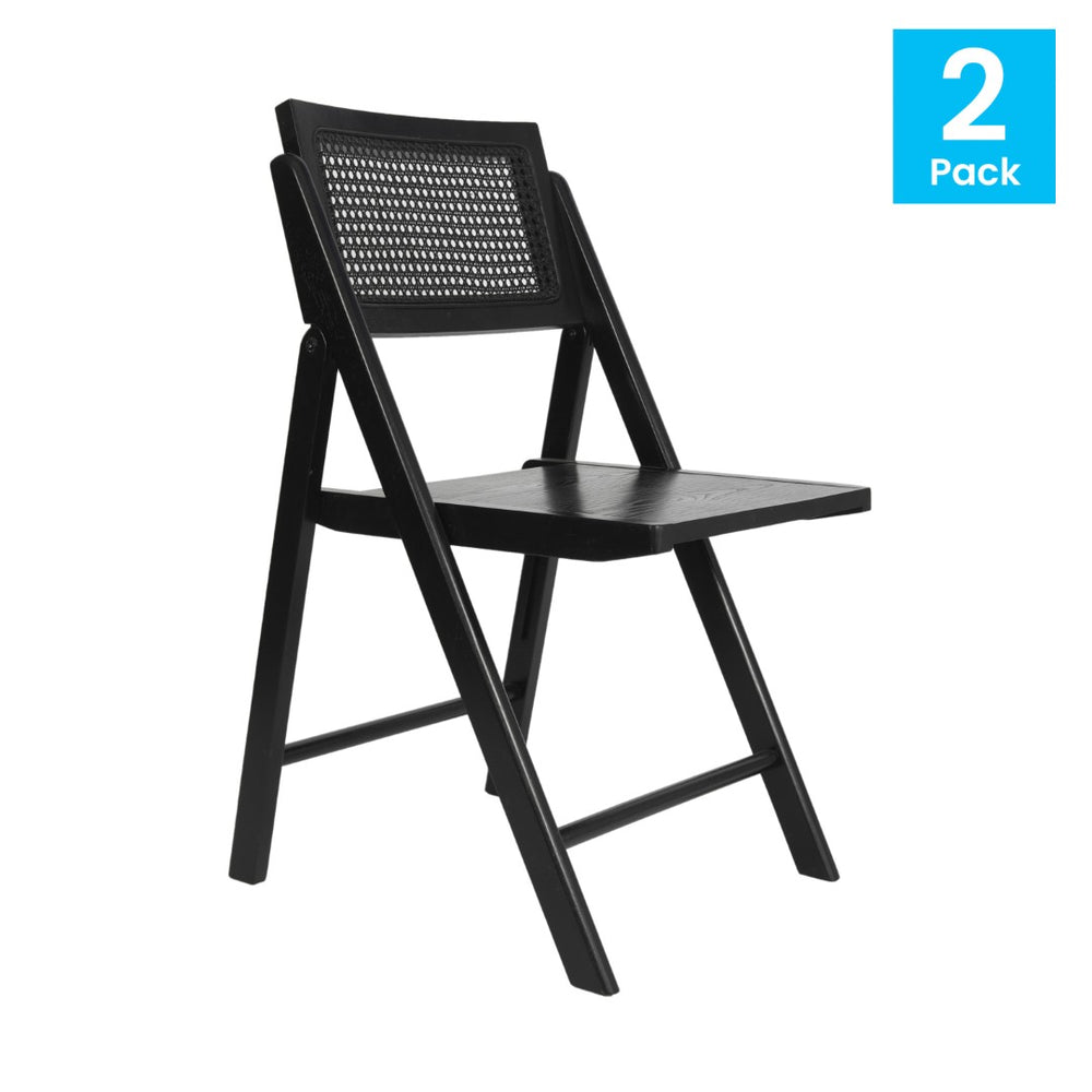English Elm Galene Set of 2 Cane Rattan Folding Chairs with Solid Wood Frame, Ideal for Events and Home Use Black SK-220905-BLK-GG