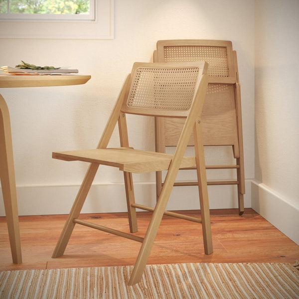 English Elm Galene Set of 2 Cane Rattan Folding Chairs with Solid Wood Frame, Ideal for Events and Home Use Natural SK-220905-NAT-GG