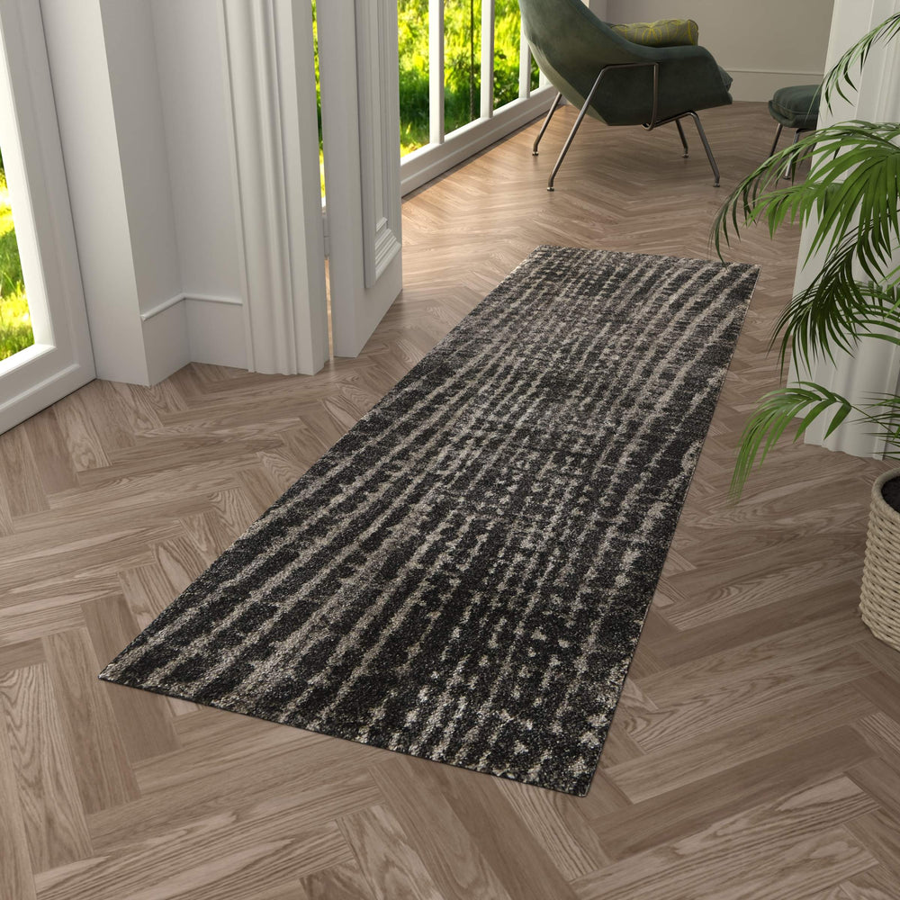 Feizy Rugs Skyview Abstract Plush Hallway Runner Turkish Polypropylene Frieze Pile Modern Rug Black/Gray/Ivory SKV39QDFCHL000I02