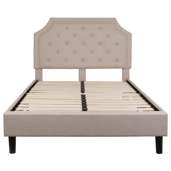 English Elm Brighton Full Size Tufted Upholstered Platform Bed – Elegant Design with Arched Headboard & Nailhead Trim Beige In Stock. Usually ships in 24 - 48 business hours SL-BK4-F-B-GG
