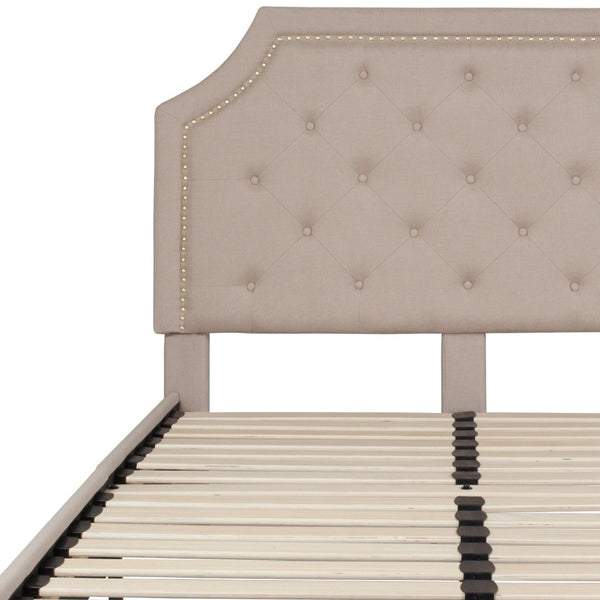 English Elm Brighton Full Size Tufted Upholstered Platform Bed – Elegant Design with Arched Headboard & Nailhead Trim Beige In Stock. Usually ships in 24 - 48 business hours SL-BK4-F-B-GG