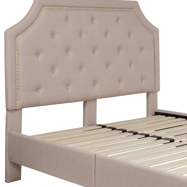 English Elm Brighton Full Size Tufted Upholstered Platform Bed – Elegant Design with Arched Headboard & Nailhead Trim Beige In Stock. Usually ships in 24 - 48 business hours SL-BK4-F-B-GG