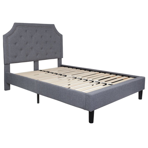 English Elm Brighton Full Size Tufted Upholstered Platform Bed – Elegant Design with Arched Headboard & Nailhead Trim Light Gray In Stock. Usually ships in 24 - 48 business hours SL-BK4-F-LG-GG