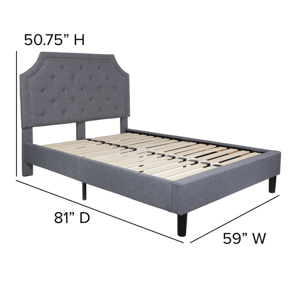 English Elm Brighton Full Size Tufted Upholstered Platform Bed – Elegant Design with Arched Headboard & Nailhead Trim Light Gray In Stock. Usually ships in 24 - 48 business hours SL-BK4-F-LG-GG