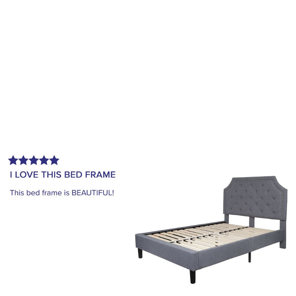 English Elm Brighton Full Size Tufted Upholstered Platform Bed – Elegant Design with Arched Headboard & Nailhead Trim Light Gray In Stock. Usually ships in 24 - 48 business hours SL-BK4-F-LG-GG