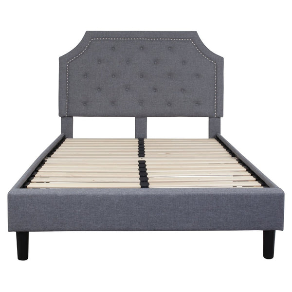 English Elm Brighton Full Size Tufted Upholstered Platform Bed – Elegant Design with Arched Headboard & Nailhead Trim Light Gray In Stock. Usually ships in 24 - 48 business hours SL-BK4-F-LG-GG
