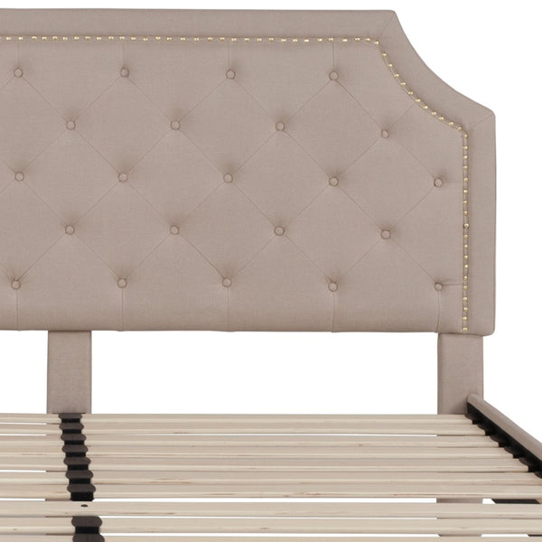 English Elm Brighton Full Size Tufted Upholstered Platform Bed – Elegant Design with Arched Headboard & Nailhead Trim Beige In Stock. Usually ships in 24 - 48 business hours SL-BK4-K-B-GG