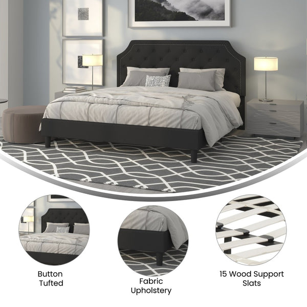 English Elm Brighton Full Size Tufted Upholstered Platform Bed – Elegant Design with Arched Headboard & Nailhead Trim Black In Stock. Usually ships in 24 - 48 business hours SL-BK4-K-BK-GG