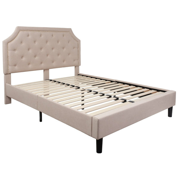 English Elm Brighton Full Size Tufted Upholstered Platform Bed – Elegant Design with Arched Headboard & Nailhead Trim Beige In Stock. Usually ships in 24 - 48 business hours SL-BK4-Q-B-GG