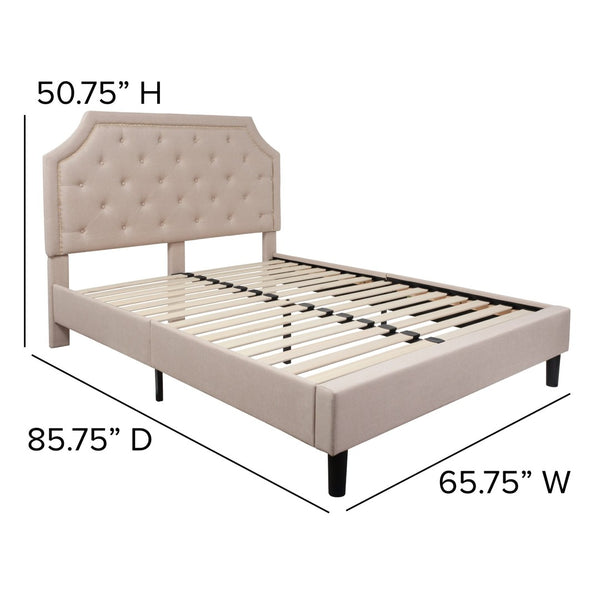 English Elm Brighton Full Size Tufted Upholstered Platform Bed – Elegant Design with Arched Headboard & Nailhead Trim Beige In Stock. Usually ships in 24 - 48 business hours SL-BK4-Q-B-GG