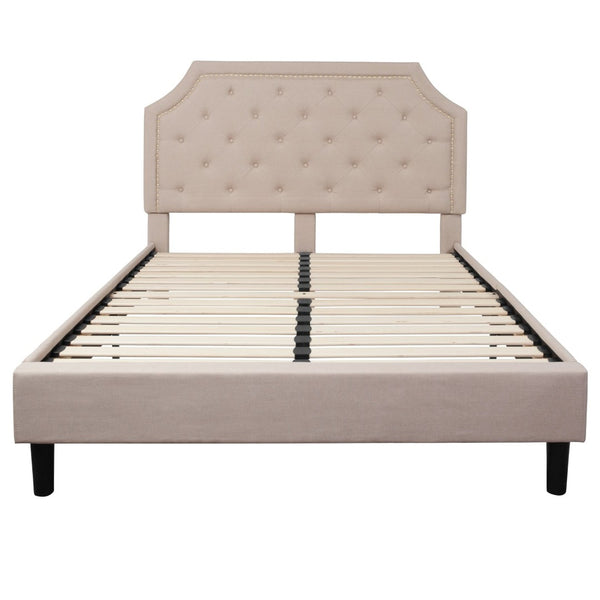 English Elm Brighton Full Size Tufted Upholstered Platform Bed – Elegant Design with Arched Headboard & Nailhead Trim Beige In Stock. Usually ships in 24 - 48 business hours SL-BK4-Q-B-GG