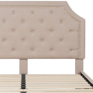 English Elm Brighton Full Size Tufted Upholstered Platform Bed – Elegant Design with Arched Headboard & Nailhead Trim Beige In Stock. Usually ships in 24 - 48 business hours SL-BK4-Q-B-GG