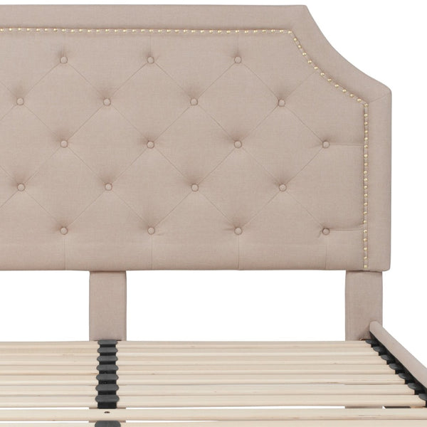 English Elm Brighton Full Size Tufted Upholstered Platform Bed – Elegant Design with Arched Headboard & Nailhead Trim Beige In Stock. Usually ships in 24 - 48 business hours SL-BK4-Q-B-GG