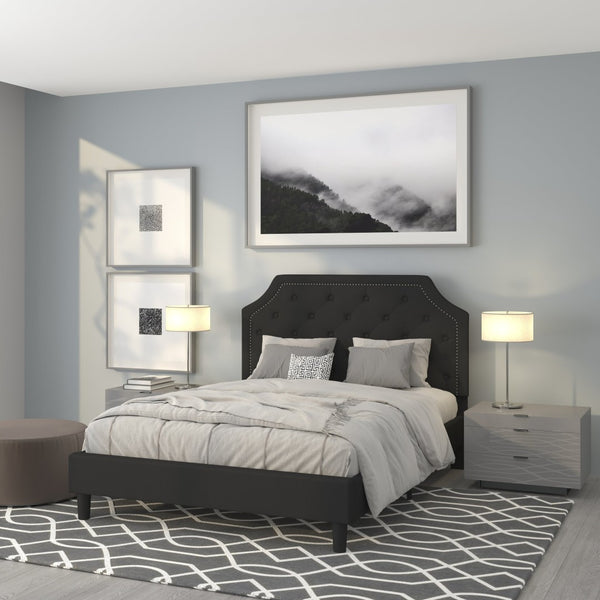 English Elm Brighton Full Size Tufted Upholstered Platform Bed – Elegant Design with Arched Headboard & Nailhead Trim Black In Stock. Usually ships in 24 - 48 business hours SL-BK4-Q-BK-GG