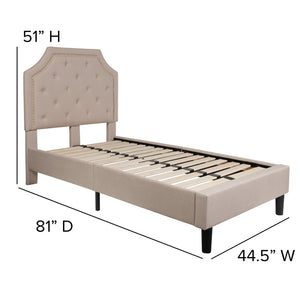 English Elm Brighton Full Size Tufted Upholstered Platform Bed – Elegant Design with Arched Headboard & Nailhead Trim Beige In Stock. Usually ships in 24 - 48 business hours SL-BK4-T-B-GG