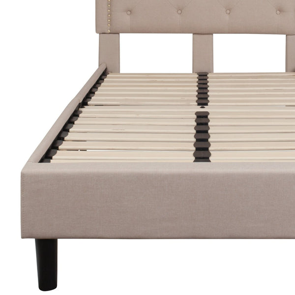English Elm Brighton Full Size Tufted Upholstered Platform Bed – Elegant Design with Arched Headboard & Nailhead Trim Beige In Stock. Usually ships in 24 - 48 business hours SL-BK4-T-B-GG