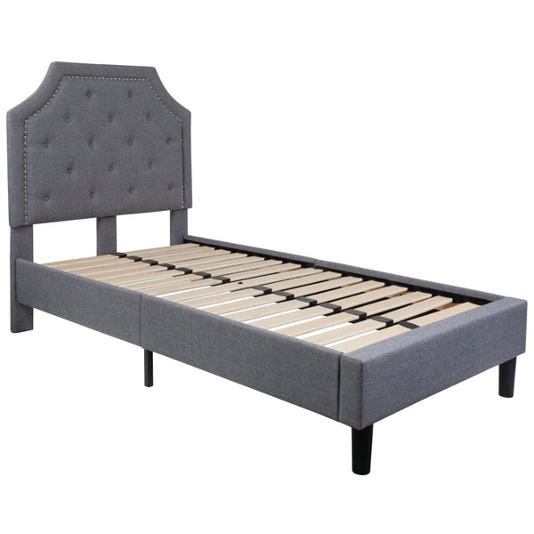 English Elm Brighton Full Size Tufted Upholstered Platform Bed – Elegant Design with Arched Headboard & Nailhead Trim Light Gray In Stock. Usually ships in 24 - 48 business hours SL-BK4-T-LG-GG