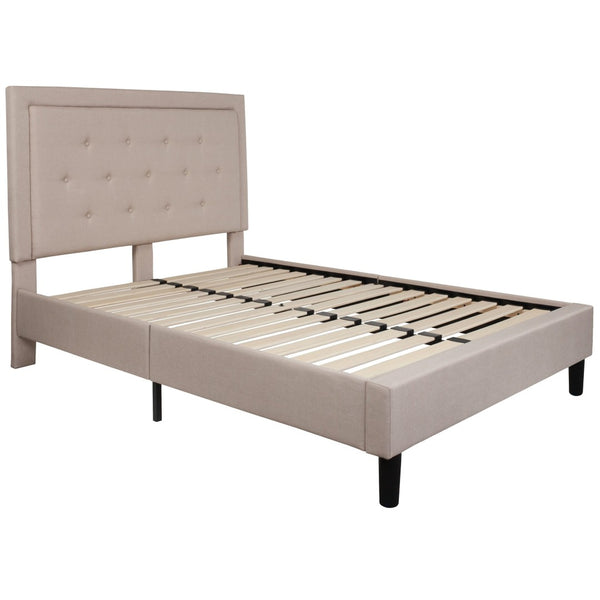 English Elm Roxbury Full Size Tufted Upholstered Platform Bed with Modern Design and Sturdy Support System Beige In Stock. Usually ships in 24 - 48 business hours SL-BK5-F-B-GG