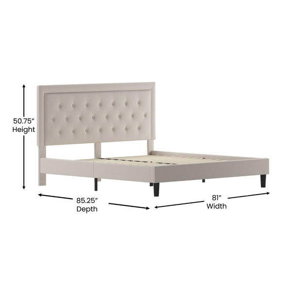 English Elm Roxbury Full Size Tufted Upholstered Platform Bed with Modern Design and Sturdy Support System Beige In Stock. Usually ships in 24 - 48 business hours SL-BK5-K-B-GG
