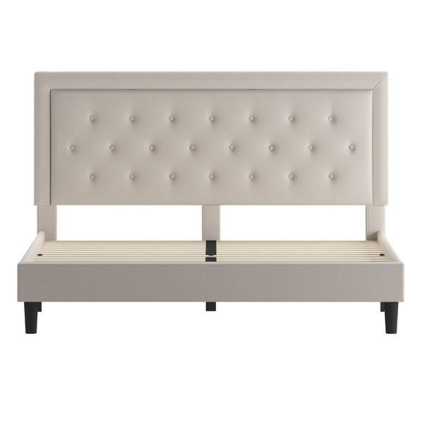 English Elm Roxbury Full Size Tufted Upholstered Platform Bed with Modern Design and Sturdy Support System Beige In Stock. Usually ships in 24 - 48 business hours SL-BK5-K-B-GG