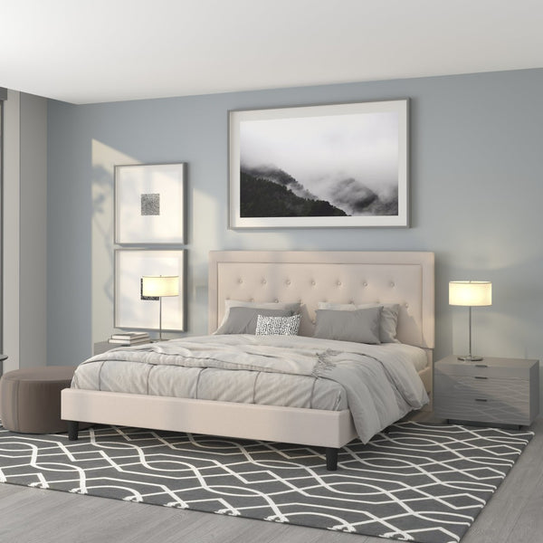 English Elm Roxbury Full Size Tufted Upholstered Platform Bed with Modern Design and Sturdy Support System Beige In Stock. Usually ships in 24 - 48 business hours SL-BK5-K-B-GG