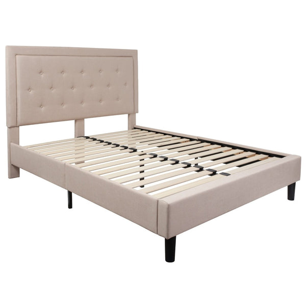English Elm Roxbury Full Size Tufted Upholstered Platform Bed with Modern Design and Sturdy Support System Beige In Stock. Usually ships in 24 - 48 business hours SL-BK5-Q-B-GG