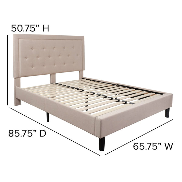 English Elm Roxbury Full Size Tufted Upholstered Platform Bed with Modern Design and Sturdy Support System Beige In Stock. Usually ships in 24 - 48 business hours SL-BK5-Q-B-GG