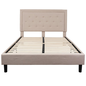 English Elm Roxbury Full Size Tufted Upholstered Platform Bed with Modern Design and Sturdy Support System Beige In Stock. Usually ships in 24 - 48 business hours SL-BK5-Q-B-GG
