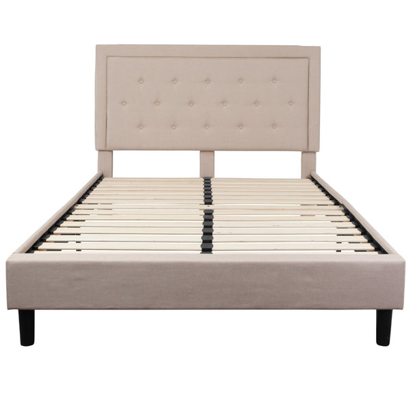 English Elm Roxbury Full Size Tufted Upholstered Platform Bed with Modern Design and Sturdy Support System Beige In Stock. Usually ships in 24 - 48 business hours SL-BK5-Q-B-GG