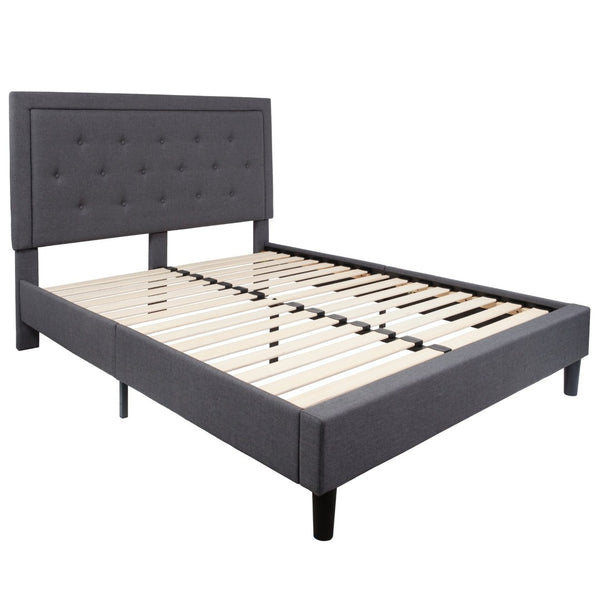English Elm Roxbury Full Size Tufted Upholstered Platform Bed with Modern Design and Sturdy Support System Dark Gray In Stock. Usually ships in 24 - 48 business hours SL-BK5-Q-DG-GG