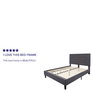 English Elm Roxbury Full Size Tufted Upholstered Platform Bed with Modern Design and Sturdy Support System Dark Gray In Stock. Usually ships in 24 - 48 business hours SL-BK5-Q-DG-GG